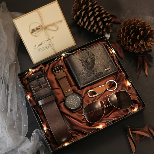 7pcs Business Casual Stylish Men's Watch Set + Fashion Glasses + Wallet + Belt, etc., Perfect Gift for Father's Day Teacher's Day Thanksgiving