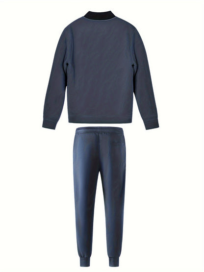 Men's Casual Fashion Suit Set - Polyester, Stand Collar Zip-Up Jacket & Drawstring Pants for Spring/Fall