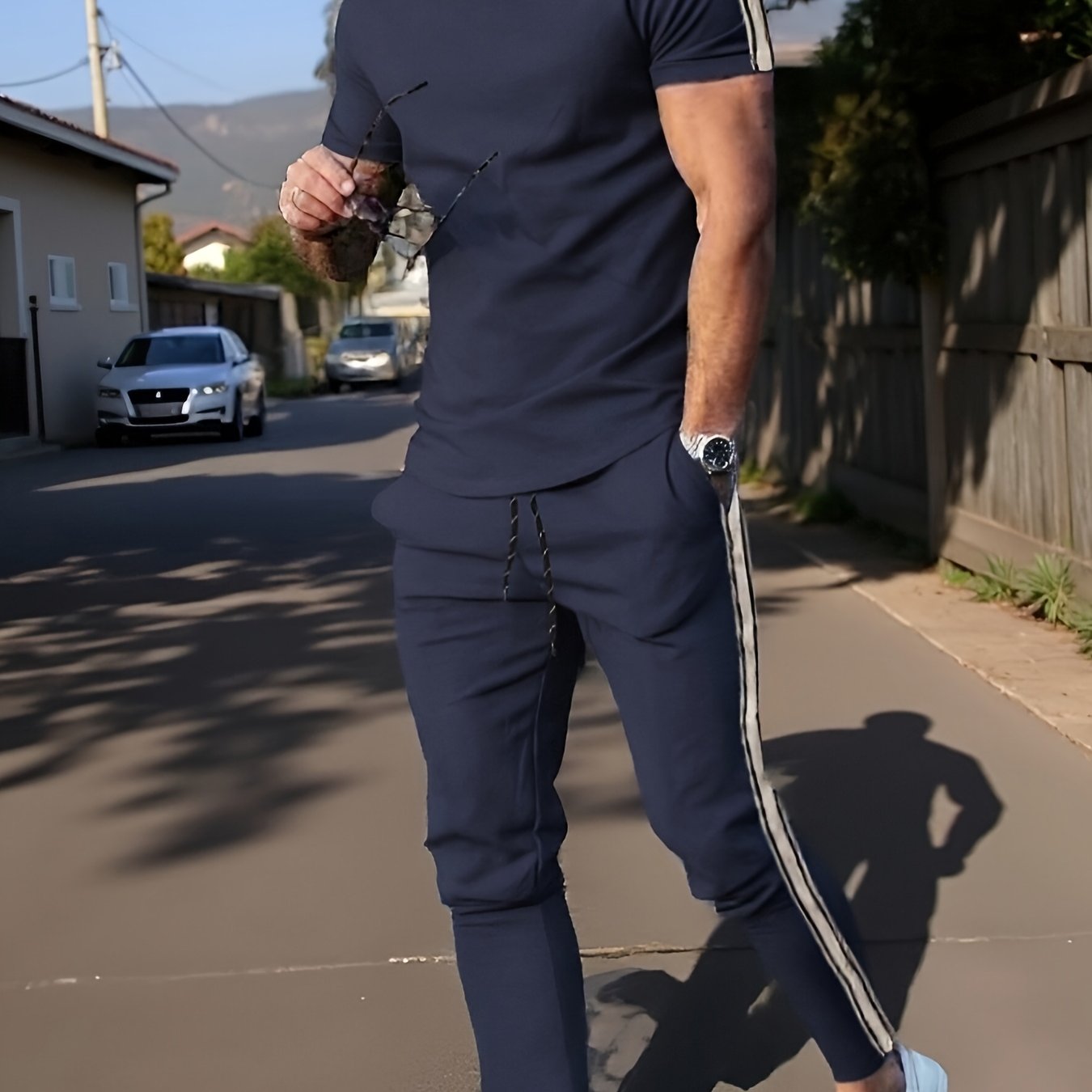Cross-Border New Summer 2pcs Short-Sleeved T-Shirt And Long Pants Casual Men'S Casual Outdoor Sports Suit, Side Stripe Casual And Fashionable Men'S 2pcs Set