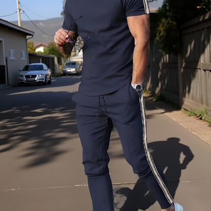 Cross-Border New Summer 2pcs Short-Sleeved T-Shirt And Long Pants Casual Men'S Casual Outdoor Sports Suit, Side Stripe Casual And Fashionable Men'S 2pcs Set