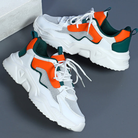 Women's Breathable Mesh Sneakers - Lightweight Lace-Up Sneakers with Contrasting Color Design, White Base with Green & Orange Accents, Perfect for Tennis, Outdoor Activities, and Casual Attire, Casual Sneakers | Casual Sneake