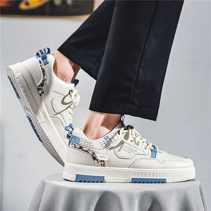 Men's Skate Shoes with Good Grip & Breathable Design - PU Upper, Cushioned PVC Sole, Black/Blue Letter Pattern Lace-Up Sneakers for All-Season Casual & Sports Wear, Allseason Shoes | Modern Casual Shoes | Comfortable Wear