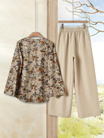 Elegant Floral Print Blouse & High-Waisted Pants Set - Chic Green & White Floral Top with Ruffled Sleeves, Button-Front Design, and Wide-Leg Pants for Spring/Summer, Spring Summer Outfit | Floral Print Blouse | Buttonfront Bl