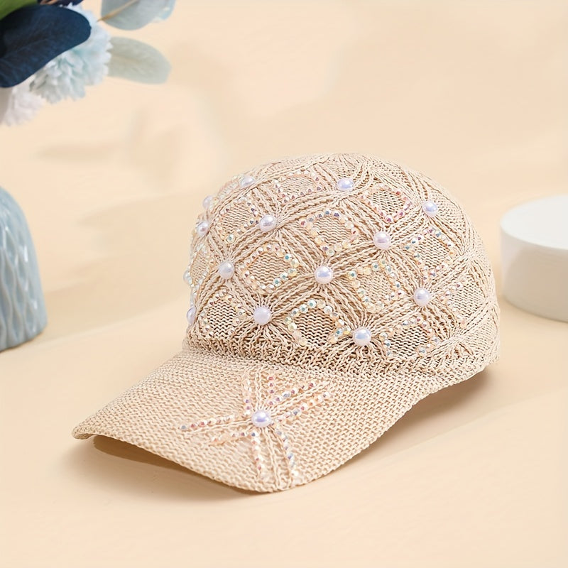 Women'S Adjustable Four-Leaf Clover Faux Pearl Baseball Cap - Breathable Mesh Summer Hat with Snap Closure, Stylish Black Design for Spring/Summer, Summer Headwear | Fashionable Headwear | Mesh Fabric Ca