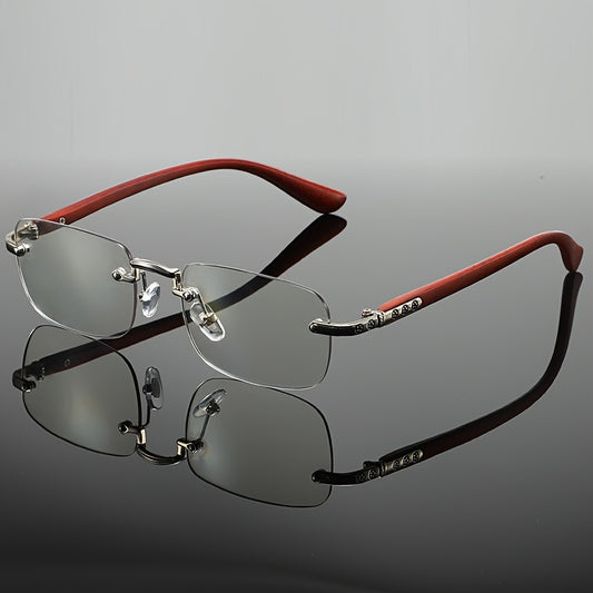 1 Pair Stylish Vintage Rimless Rectangular Fashion Glasses with Metal Frame & Color-Changing Lenses – Red Wooden Temples, Clear AC Lenses, Perfect for Evening Walks, Urban Photography, and Birthday Gifts