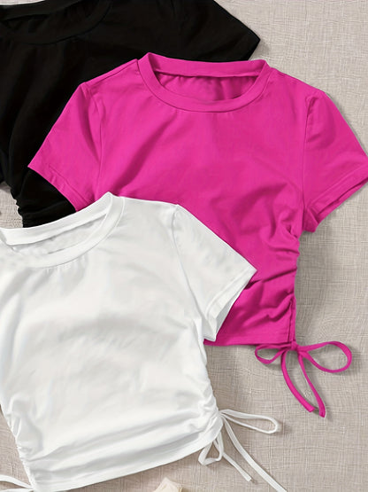 3 Pack Drawstring Crew Neck T-Shirt, Casual Short Sleeve T-Shirt For Spring & Summer, Women's Clothing