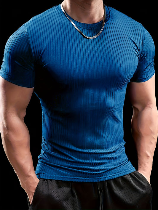 Men's Slim Fit Ribbed Short Sleeve T-Shirt - Stretchy Athletic & Casual Wear, Green, Round Neck, Machine Washable, Muscle-Enhancing Design, Gym Shirts