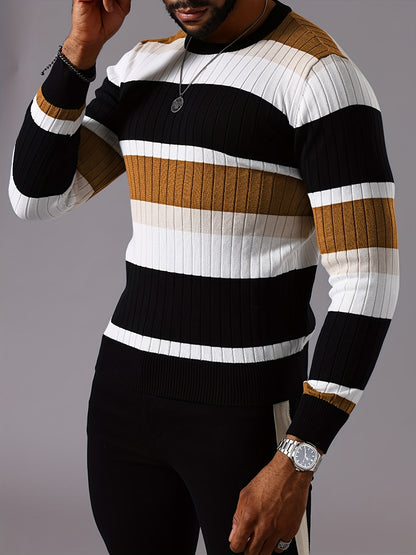 Men's Striped Color-Block Ribbed Knit Sweater - Long Sleeve Round Neck Pullover with Elastic Comfort Fit, Machine Washable Casual Fall Winter Top in Black/White/Green/Beige, Knit Sweater, Medium Elasticity