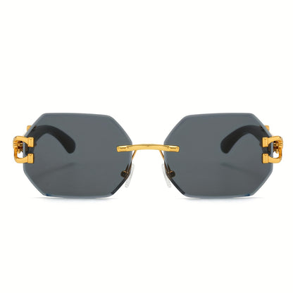 1pc Retro Frameless Glasses for Men & Women, Irregular Shaped PC Lens, Metal Hinge, Climbing Sports, Imitation Wood Grain, Fashionable Decorative Eyewear, Suitable for Daily Wear & Holiday