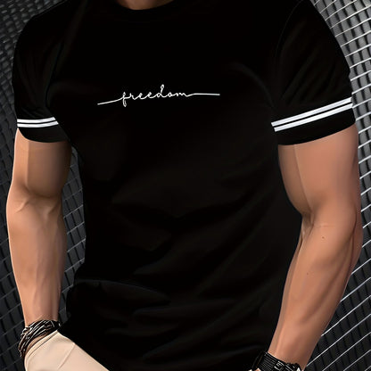 Men'S "Freedom" Graphic T-Shirt - Black Casual Crew Neck Tee with White Stripes, Breathable Polyester Blend, Regular Fit for Casual Attire, Everyday Tshirt | Bold Print Tee | Comfortable Fit, Knit