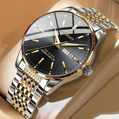 Banbony Men'S Stainless Steel Band Luminous Calendar Watch, IPX7 Waterproof, Quartz Movement, Round Zinc Alloy Case, Casual Fashion Style, with Pointer Display, Battery Powered, Non-rechargeable Button Battery, for B day