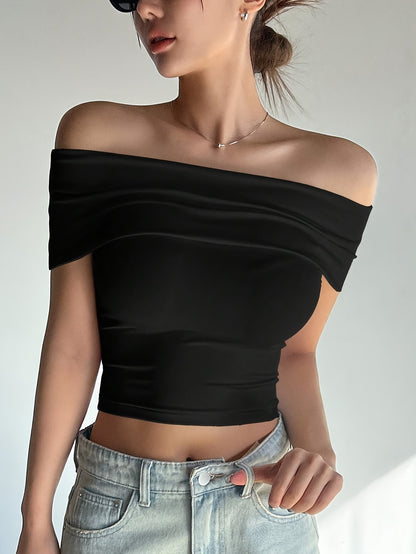 Chic Comfort| Elegant Women's Light Pink Off-Shoulder Ruched Crop Top - Slim Fit, Solid Color, Polyester & Elastane Blend, Machine Washable for Summer, Casual Wear|Chic Offshoulder Top|Delicate Texture