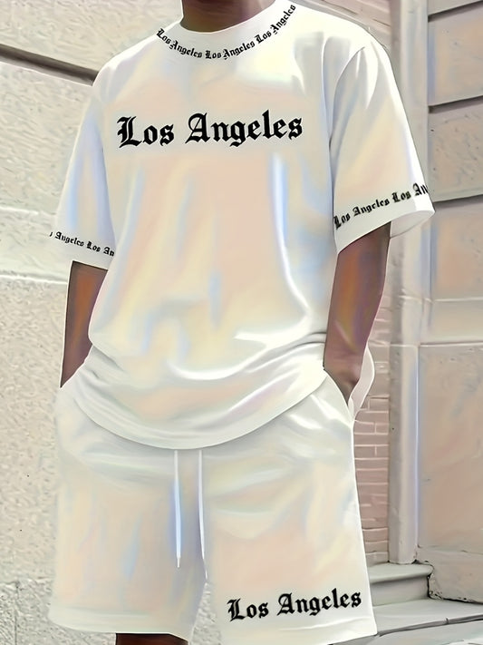 Los Angeles English Pattern Men's Short Sleeve Shirt + Casual Sport Set, Breathable Soft Summer Outfit with Pocketed Shirt and Drawstring Shorts