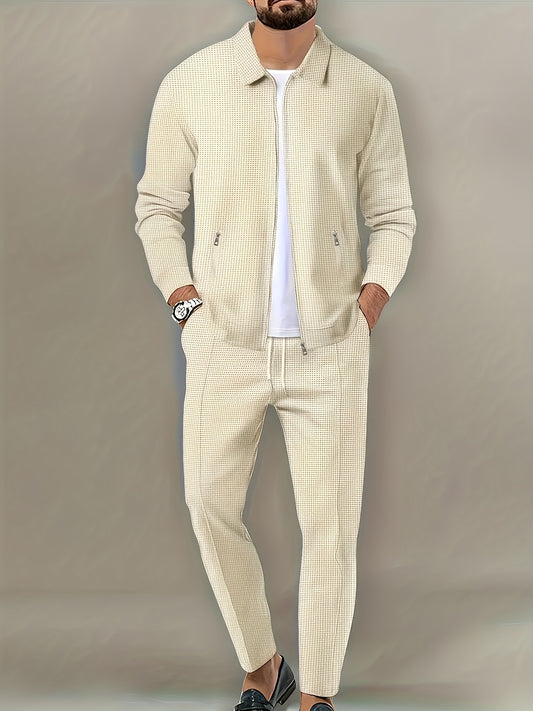 Men's Spring Waffle Knit Sportswear Set, European and American Style Casual Outfit