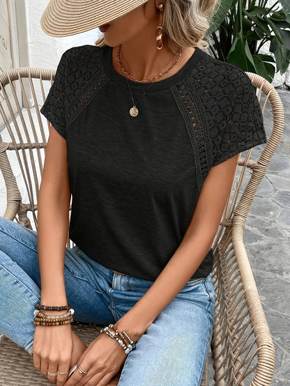 Women's Elegant Solid Color Lace Sleeve T-Shirt - Summer Casual Chic Blouse with Breathable Fabric, Machine Washable, Versatile for Casual & Formal Outfits, Cropped Tee Style | Soft Texture Top, Ladies T Shirts