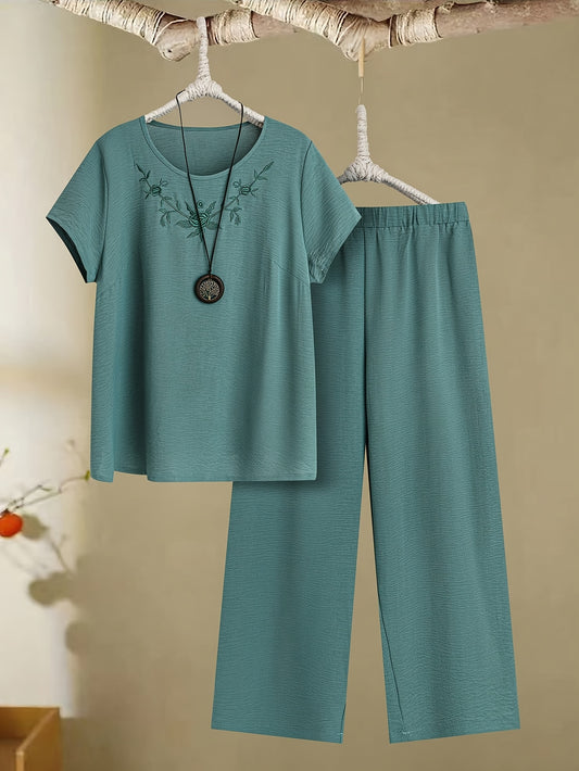 Women'S Comfortable Embroidered Short Sleeve T-Shirt and Pants Set - Casual Crew Neck, Straight Leg, Solid Color with Floral Design, Polyester Blend, Spring/Summer Collection