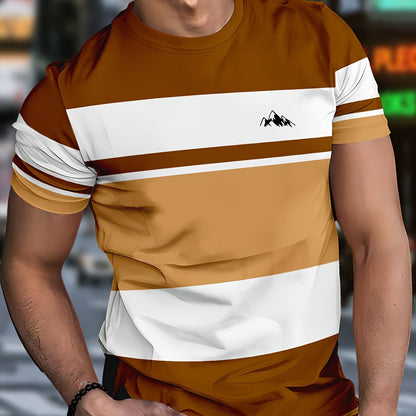 Men's 3D Digital Print Short Sleeve T-Shirt - Bold Striped Color Block Design, Breathable Round Neck, Lightweight All-Season Casual Tee, Machine Washable, Everyday Outfit, Modern Fashion, Durable Tee, Printed Shirt, Streetwea