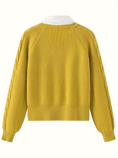 2 In 1 Contrast Color Collared Sweater, Chic Cable Knit Long Sleeve Polo Sweater For Fall & Winter, Women's Clothing