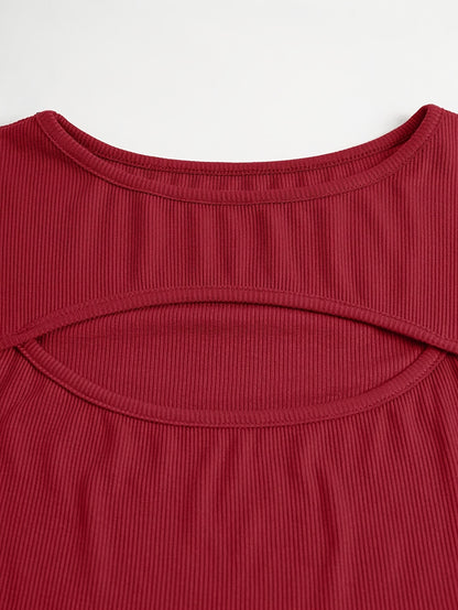 1pc Essence Women'S Elegant Ribbed Long Sleeve T-Shirt, Polyester and Spandex Blend, Hollow-Out Detail, Solid Color, Crew Neck, Regular Length, Knitted Fabric - Autumn/Winter Collection