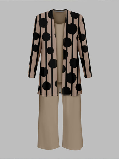 Women'S 3pcs Set, Polka Dot Print Cardigan & Solid Color Vest Casual Pants Daily Outfit