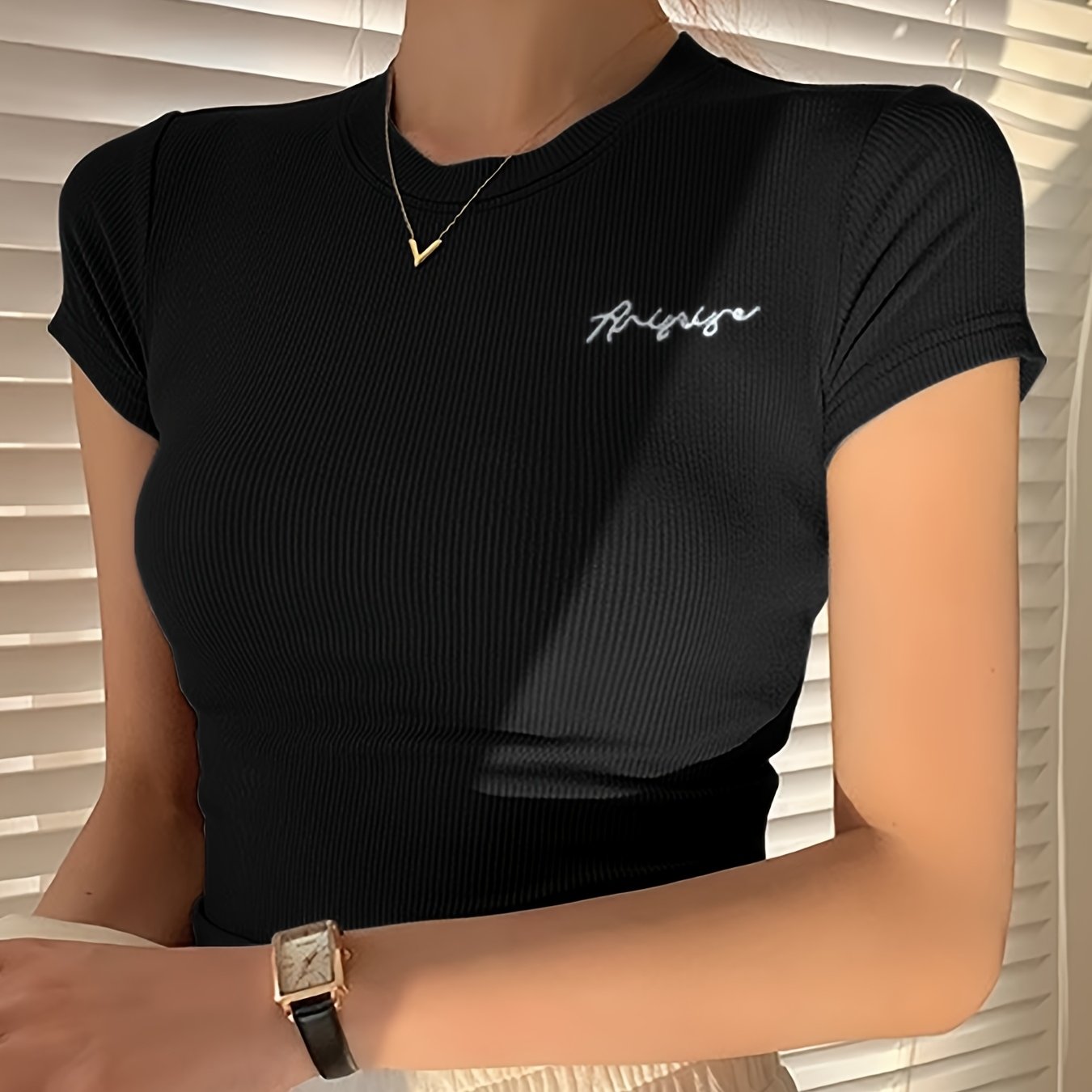 Women's Summer Slim Fit Short Sleeve T-Shirt - High Elasticity Breathable Fabric with Black Letter Embroidery, Versatile Casual & Office Wear, Elegant Collection, Cute Short Sleeve Tops, Everyday Comfort Tee, Slim Fit Tee, Sm