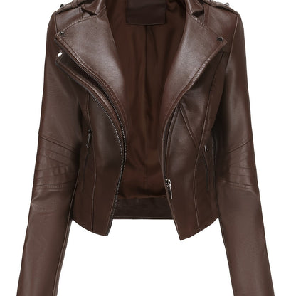 Women'S Casual Faux Leather Jacket, Solid Color, Long Sleeve, Regular Length, Fall/Winter, Zipper Placket, Woven, Non-Stretch Fabric, 100% Polyurethane, Lapel Collar, Dipped Hem Detail