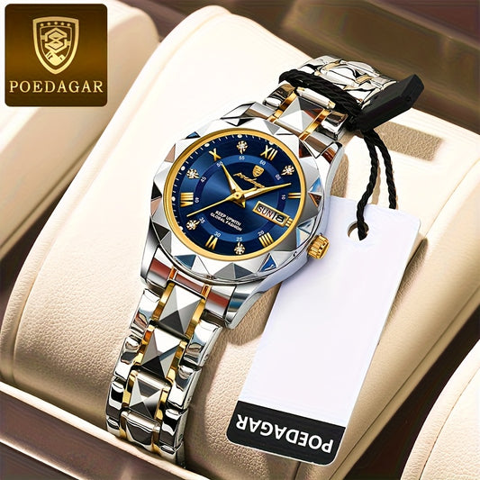 POEDAGAR Women's Elegant Stainless Steel Quartz Watch with Luminous Blue Dial, Roman Numerals, Date Calendar, IPX7 High Quality & -Accented Band for Casual & Formal Wear