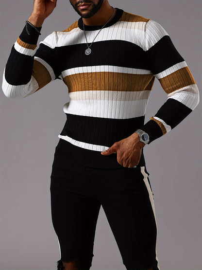 Men's Striped Color-Block Ribbed Knit Sweater - Long Sleeve Round Neck Pullover with Elastic Comfort Fit, Machine Washable Casual Fall Winter Top in Black/White/Green/Beige, Knit Sweater, Medium Elasticity