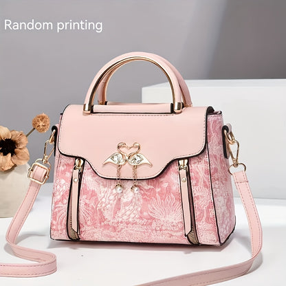 Elegant Handbag for Wo, Geometric Print, Multi-Layered Fashion Handbag with Zipper Closure, Polyester Lined, Edge Paint Detail, Versatile for Various Occasions - Blue/White/Pink/Black