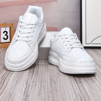 Men's Low-Top Casual Sneakers - Black Sparkling Embellishments, Breathable PU Upper & EVA Cushioned Sole, Lace-Up Comfortable Walking Shoes for Men & Women, Comfortable Footwear | Sleek Shoe Design | Flexible Footwear