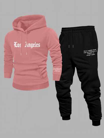 Men'S Los Angeles Print Hoodie And Sweatpants Set - Casual American Streetwear Style, Cozy Fall/Winter Activewear with Geometric Pattern, Slight Stretch Fabric, Hooded Top & Joggers, Casual Wear|Geometric Pattern Hoodiee Jogg