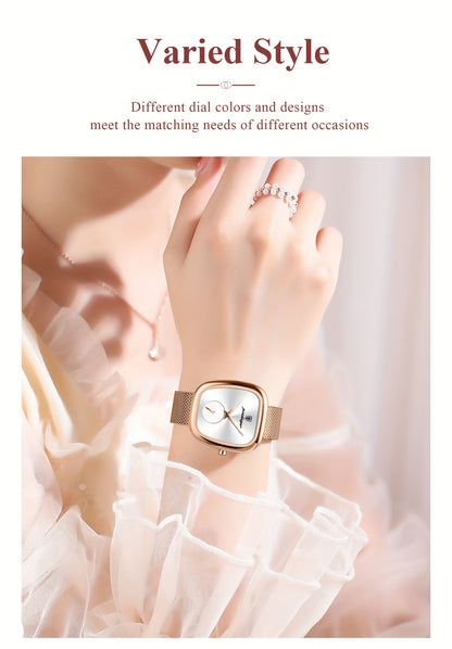 POEDAGAR Elegant Women's Quartz Watch - Waterproof, Stainless Steel Mesh Band, Rose Golden Square Dial, Black Strap, Perfect for Parties & Casual Attire, Stylish Timepiece | Elegant Design | Mesh Strap Watch, Watch Accessorie