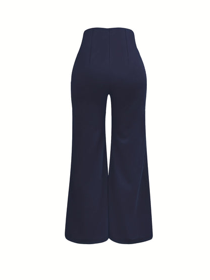 Elegant Double-Breasted Waistband Casual Pants, Solid Color, Polyester, Machine Washable - All Seasons, Queen Style, High-Grade Design