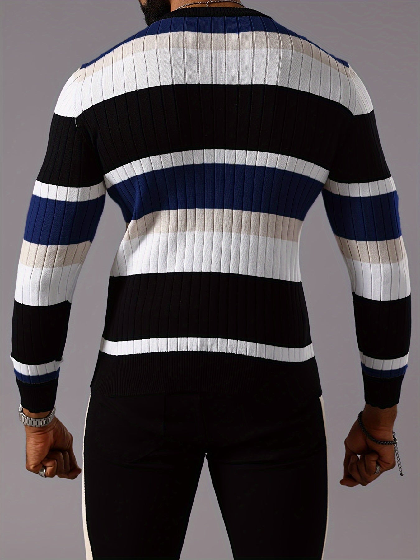 Men's Striped Color-Block Ribbed Knit Sweater - Long Sleeve Round Neck Pullover with Elastic Comfort Fit, Machine Washable Casual Fall Winter Top in Black/White/Green/Beige, Knit Sweater, Medium Elasticity