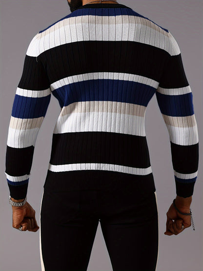 Men's Striped Color-Block Ribbed Knit Sweater - Long Sleeve Round Neck Pullover with Elastic Comfort Fit, Machine Washable Casual Fall Winter Top in Black/White/Green/Beige, Knit Sweater, Medium Elasticity