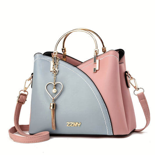 Elegant Light Blue & Pink Handbag with Golden-Tone Hardware, Heart Pendant Charm, And Detachable Shoulder Strap - Perfect Gift for Mom Or Family, Stylish Women'S Clutch Bag, Cute Purse