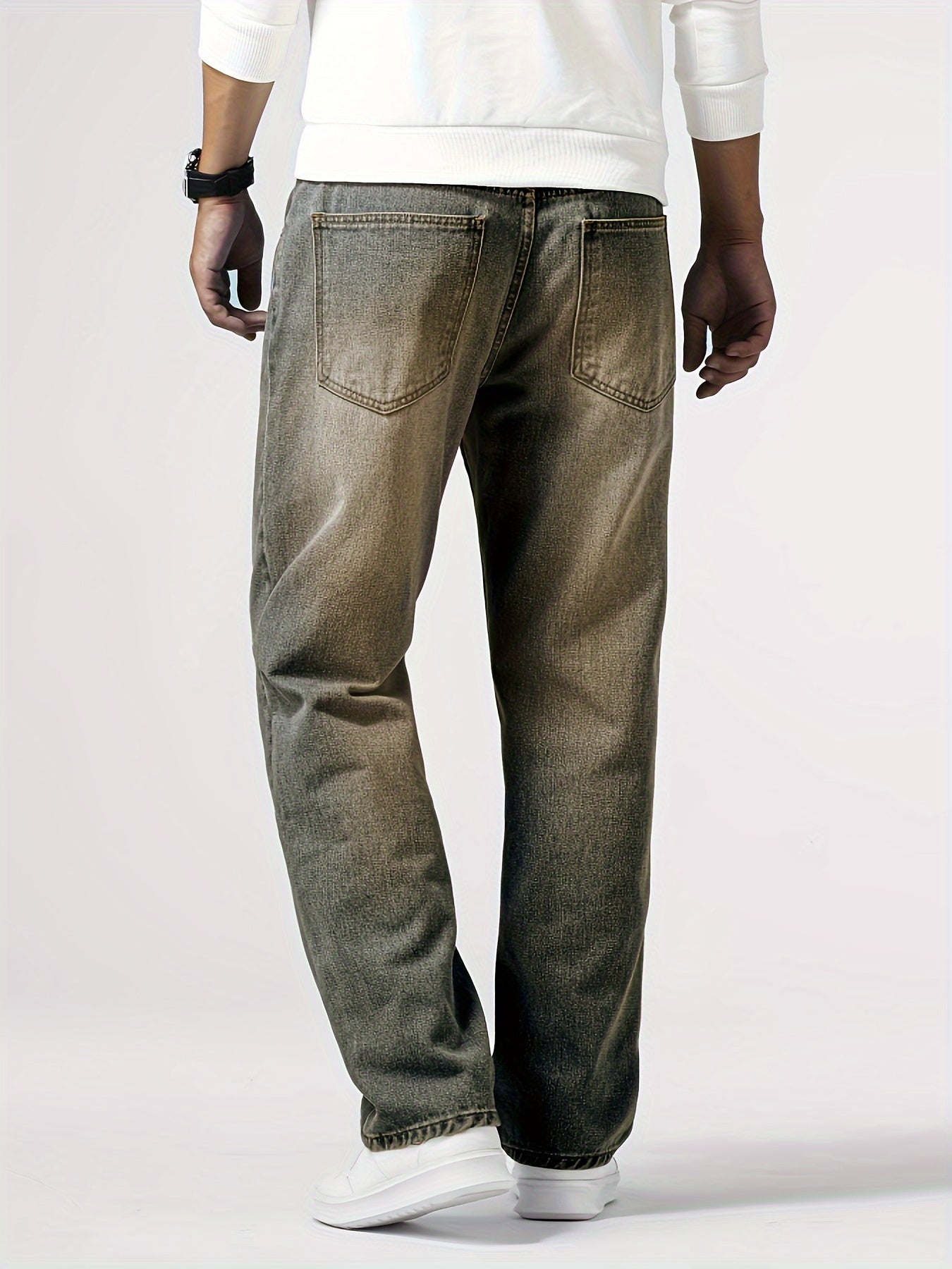 Men'S Loose Fit Straight Leg Jeans, Cotton 85% Polyester 15% Denim, Washed Solid Color Casual Style