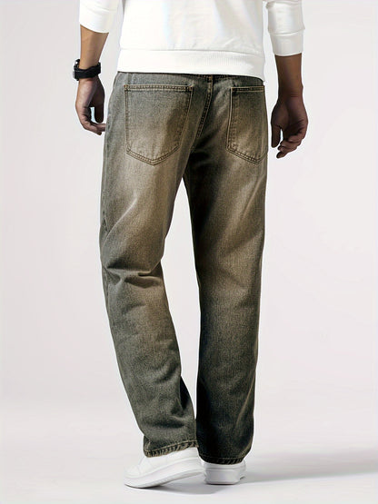 Men'S Loose Fit Straight Leg Jeans, Cotton 85% Polyester 15% Denim, Washed Solid Color Casual Style