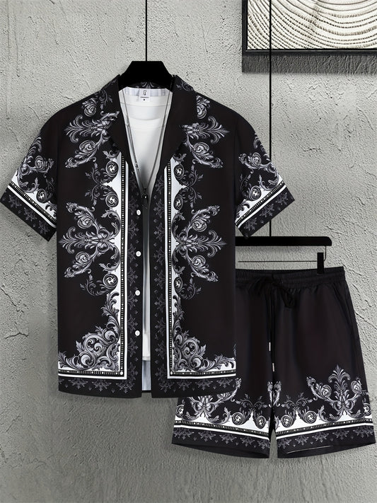 Men'S Suit with a Baroque Print Short-Sleeve Button-Up Shirt And Drawstring Side Pocket Shorts, Two-Piece Loungewear Set.