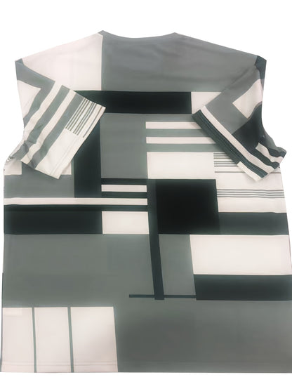 Men'S Casual Geometric Sweat Suit - Sporty Polyester Blend, Crew Neck, Short Sleeve, Regular Fit, All-Season Track Suit