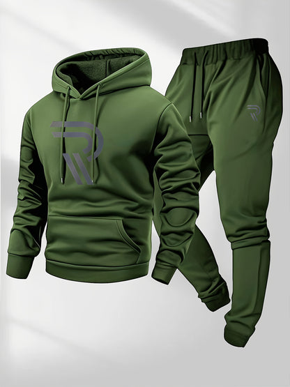 Men'S Sporty Two-Piece Hoodie and Pants Set - Gray with Black Logo, Non-Stretch Fabric, Regular Fit, Pockets, Ideal for Fall/Winter, Casual Wear|Hooded Sweatshirt|Pocketed Pants, Sweater Hoodie