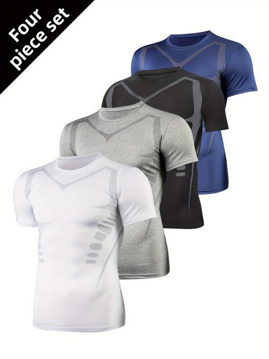 4pcs Set of Sports Summer Men'S Tight Training Short-Sleeved Sports Fitness Clothing Basketball Sweat-Absorbing Quick-Drying Tight Suit