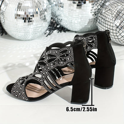 Elegant Black Floral Cut-Out High Heel Sandals for Women - Round Toe Block Heel with Zipper Closure, Ankle Strap, and Rhinestone Embellishments, Perfect for Parties and Formal Events, Formal Footwear | Floral Embellished Shoe