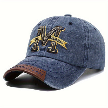1pc Vintage Washed Cotton Baseball Cap with Embroidered Letter "M" - Adjustable Snapback, Lightweight Sun Hat for Men & Women, Black with Brown Band, Adjustable Baseball Cap
