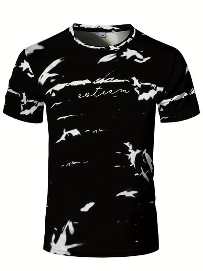 Men's High-Elasticity Anti-Tear Graffiti T-Shirt - Black & White Geometric Print, Tight-Fit Athletic Top for Gym, Running, Yoga & Casual Summer Wear, Gym Clothes, Highelastic Polyester, Short Sleeve Design