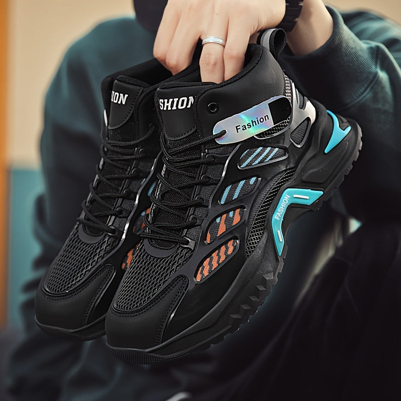 Fashion Mid-Top Sneakers for Men - Casual Street Style Athletic Shoes with Graphic Pattern, Lace-Up Closure, All-Season Round Toe Trainers with PU Upper, Fabric Lining & Insole, Anti-Slip PVC Sole