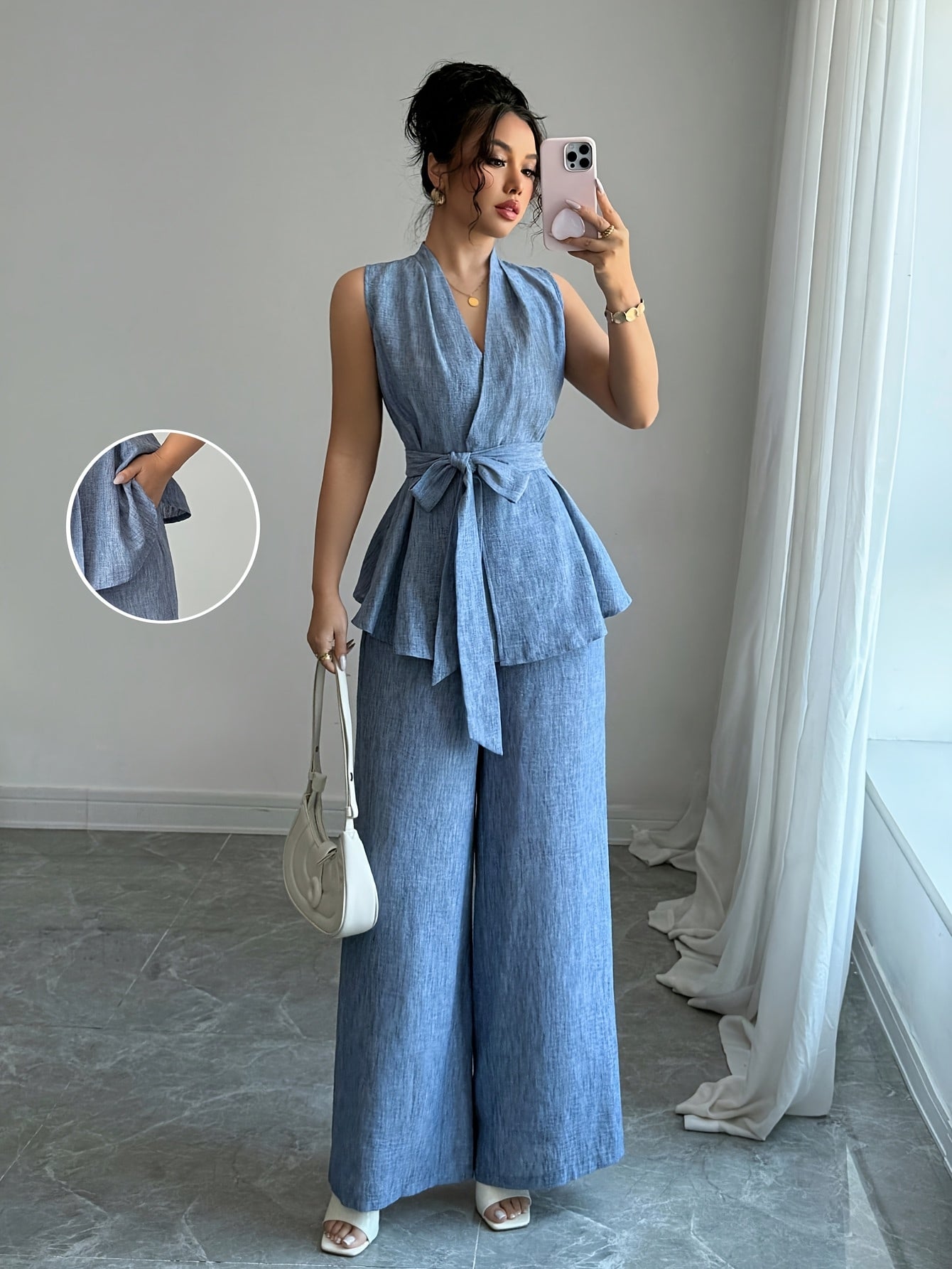 Women'S Elegant Two-Piece Summer Set - Sleeveless V-Neck Crop Top with Tie Detail & High-Waisted Wide-Leg Pants, Solid Color, Perfect for Spring/Summer, Casual Attire|Elegant Two-Piece Set|Polyester Fabric