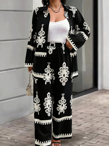 Women'S Elegant Geometric-Patterned Polyester Suit Set, Long Sleeve Top with Lapel Collar and Pants, Regular Sleeve, Woven Placket, Spring/Fall Casual Country Style Outfit