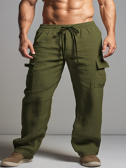 Solid Retro Men's Cotton And Linen Drawstring Long Trousers With Multiple Pockets, Outdoor Daily