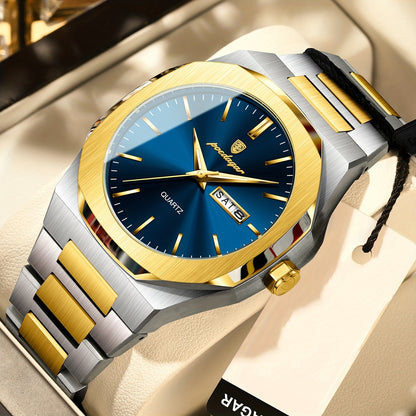 POEDAGAR Men'S Luxury Quartz Watch - Waterproof, Luminous Calendar, Stainless Steel Band, Business Style, Blue & Golden Accents, 3ATM, Non-Rechargeable Button Battery, Perfect for Spring Festival & Valentine'S Day Gifts